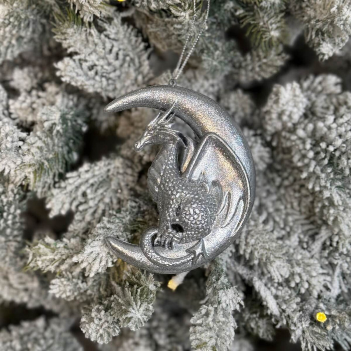 Новогоднее украшение Дракон на луне - серебряный