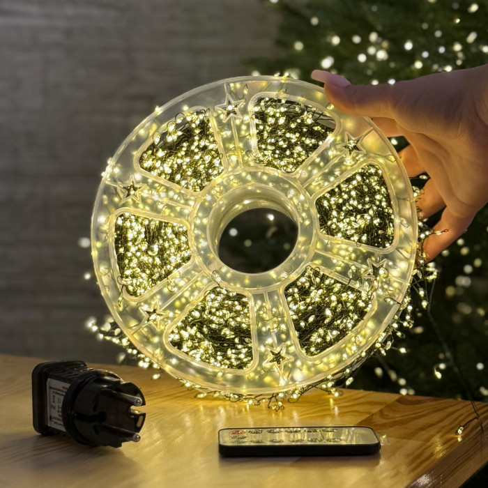 Світлодіодна гірлянда Роса мішура 100 метрів, діоди теплого білого кольору на зеленому дроті 3000 LED, з пультом керування