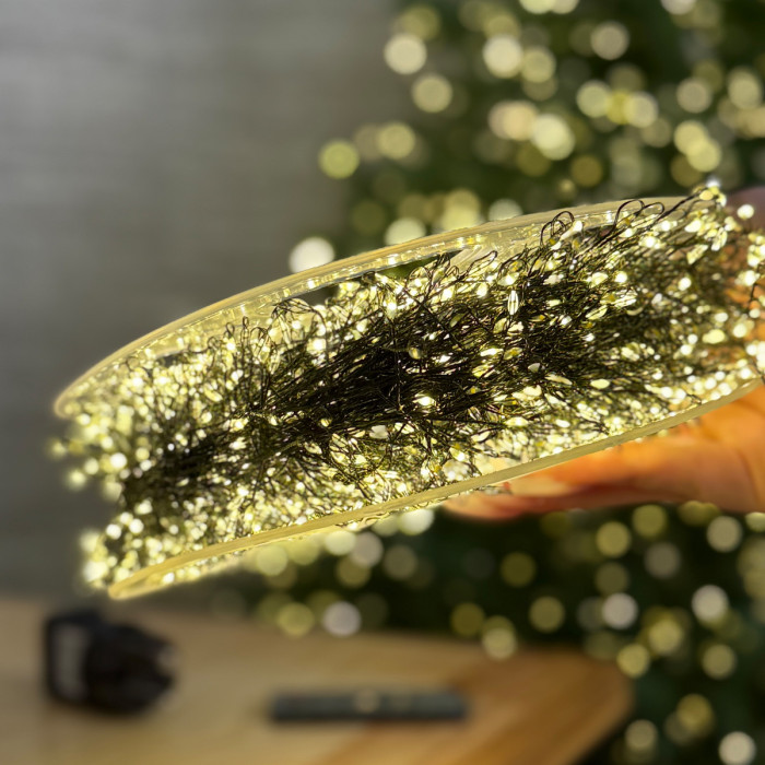 Світлодіодна гірлянда Роса мішура 100 метрів, діоди теплого білого кольору на зеленому дроті 3000 LED, з пультом керування