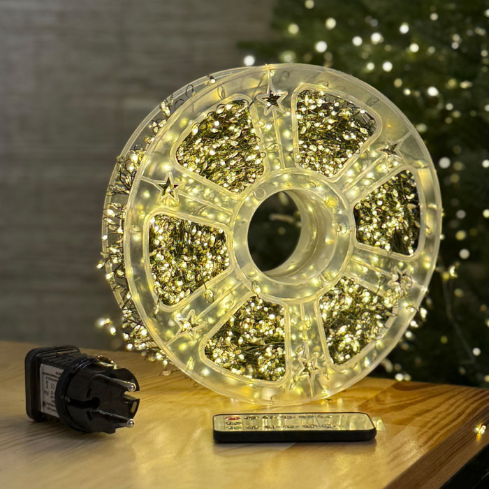 Світлодіодна гірлянда Роса мішура 100 метрів, діоди теплого білого кольору на зеленому дроті 3000 LED, з пультом керування