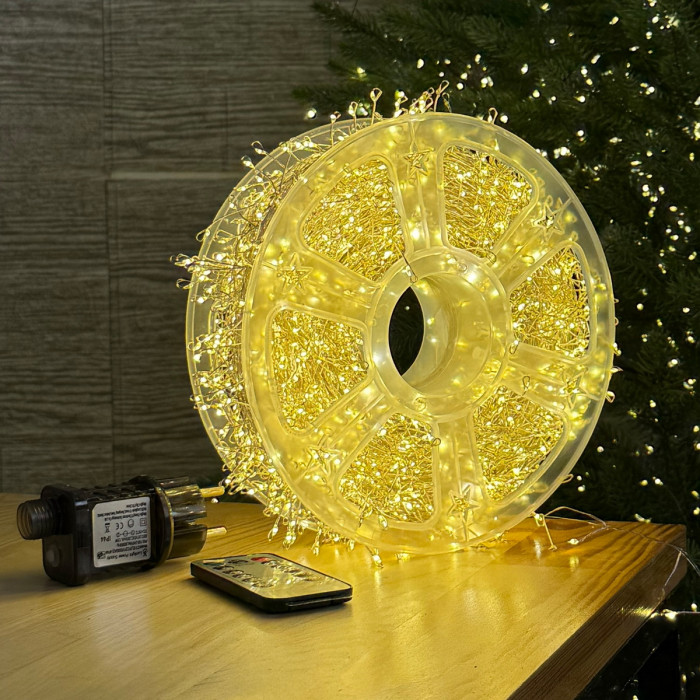 Світлодіодна гірлянда Роса мішура 100 метрів, діоди теплого білого кольору на білому дроті 3000 LED, з пультом керування