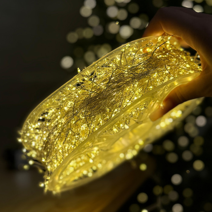 Світлодіодна гірлянда Роса мішура 100 метрів, діоди теплого білого кольору на білому дроті 3000 LED, з пультом керування