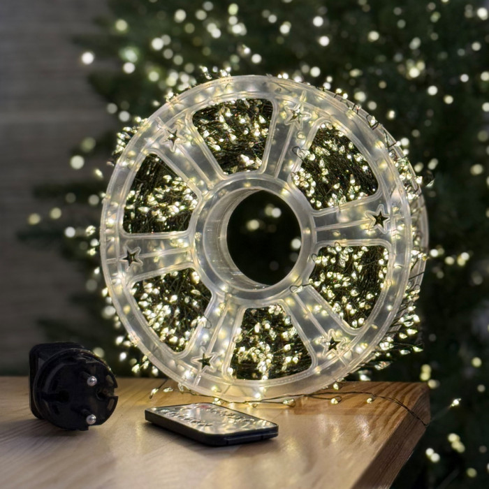 LED Garland Rosa Tinsel 50 meters, warm white color LEDs on green wire, 1500 LED, with remote control