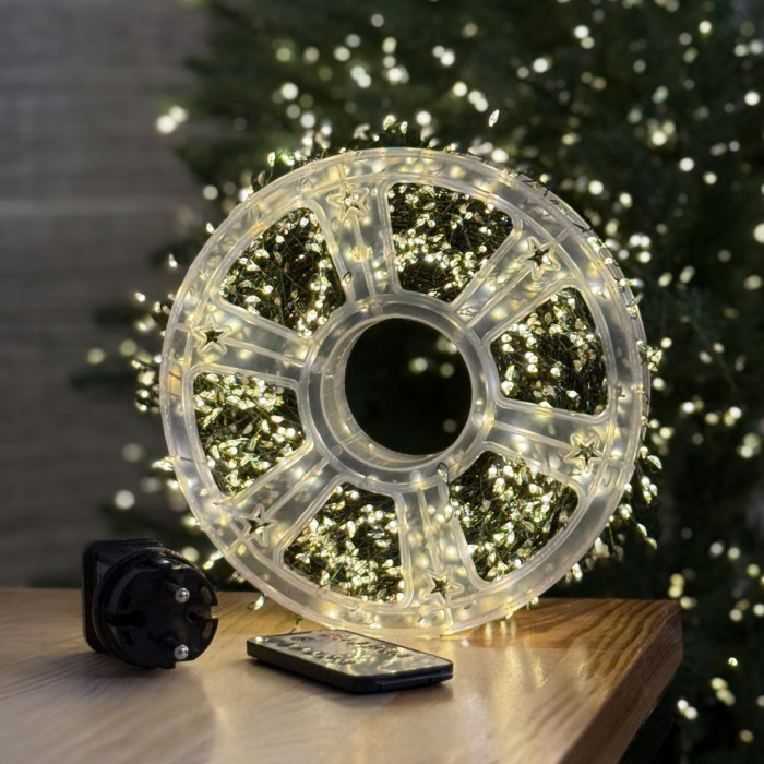 LED Garland Rosa Tinsel 50 meters, warm white color LEDs on green wire, 1500 LED, with remote control
