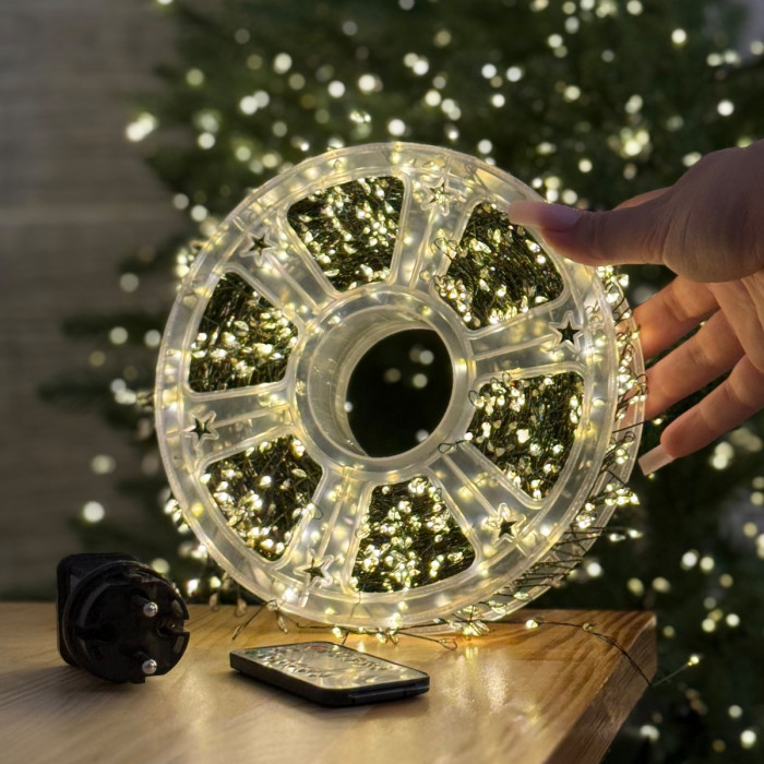 LED Garland Rosa Tinsel 50 meters, warm white color LEDs on green wire, 1500 LED, with remote control
