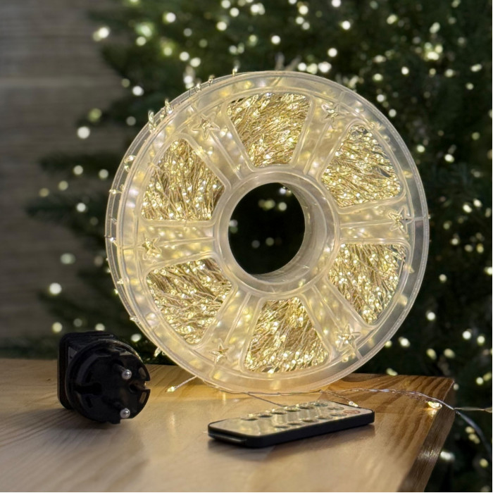 LED Garland Rosa Tinsel 50 meters, warm white color LEDs on white wire, 1500 LED, with remote control