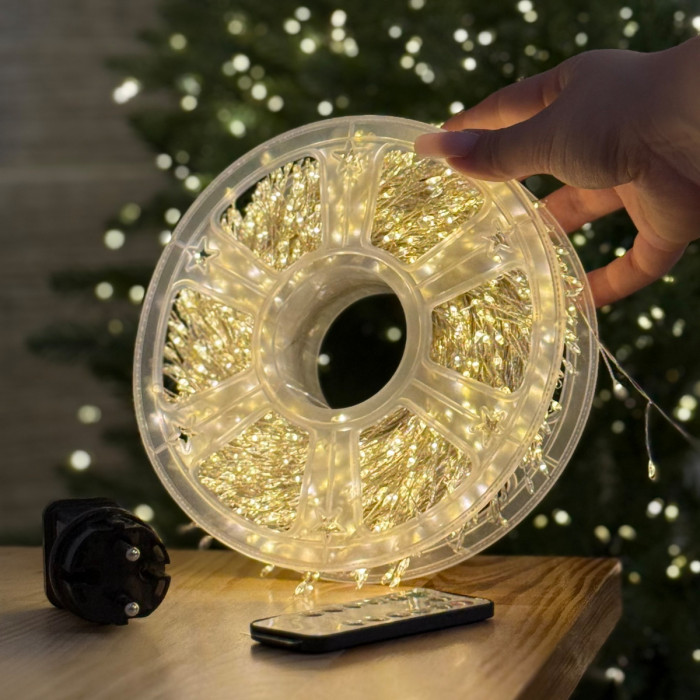 LED Garland Rosa Tinsel 50 meters, warm white color LEDs on white wire, 1500 LED, with remote control
