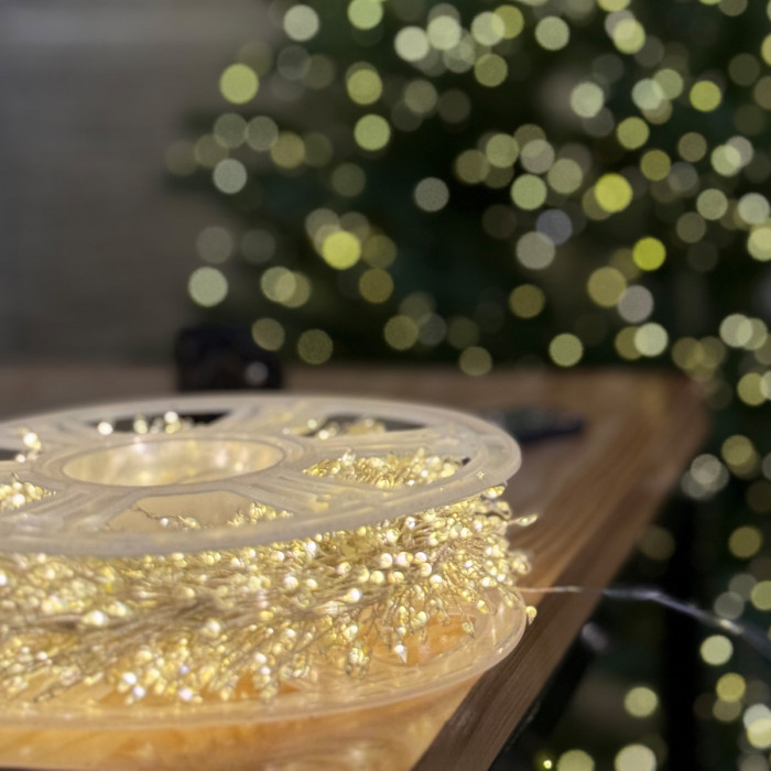 LED Garland Rosa Tinsel 50 meters, warm white color LEDs on white wire, 1500 LED, with remote control