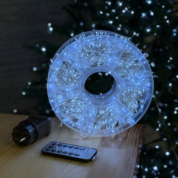 LED Garland Rosa Tinsel 50 meters, cool white color LEDs on green wire, 1500 LED, with remote control
