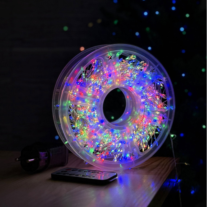 LED Garland Rosa Tinsel 50 meters, LEDs of different colors on white wire, 1500 LED, with remote control