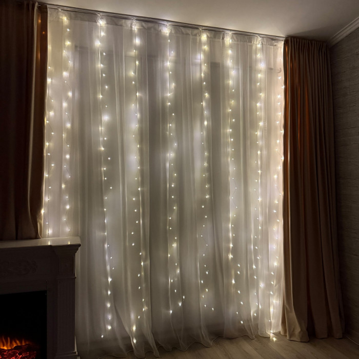 LED Curtain Garland Rosa Rain 3x3 m, 300 LED, warm white, USB powered, with remote control, 8 modes