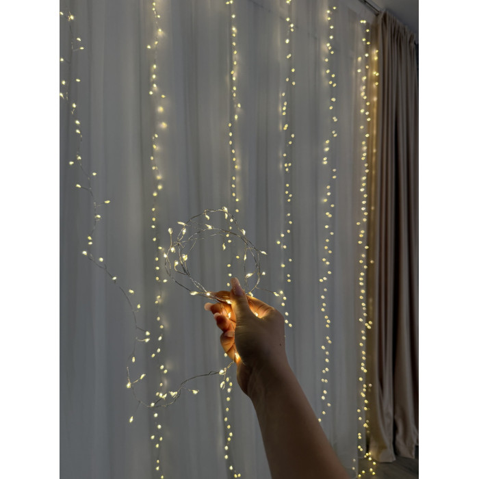 Світлодіодна гірлянда водоспад Роса Мішура дощ 3x3 м, 900 LED теплий білий, з пультом керування, 8 режимів