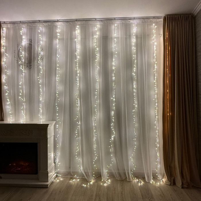 Світлодіодна гірлянда водоспад Роса Мішура дощ 3x3 м, 900 LED теплий білий, з пультом керування, 8 режимів