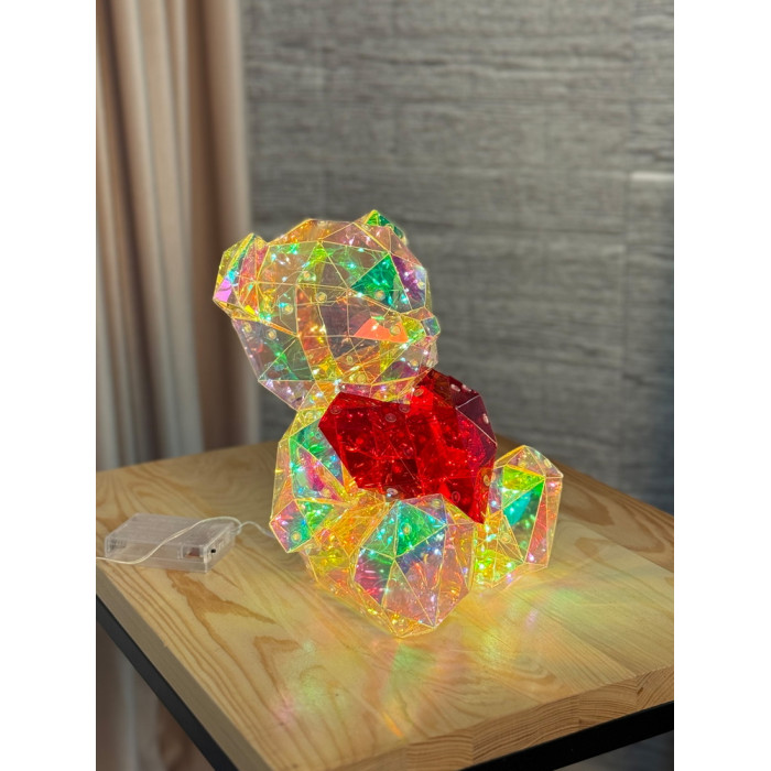 Новорічна прикраса малий Ведмедик з серцем голографічний з LED підсвічуванням