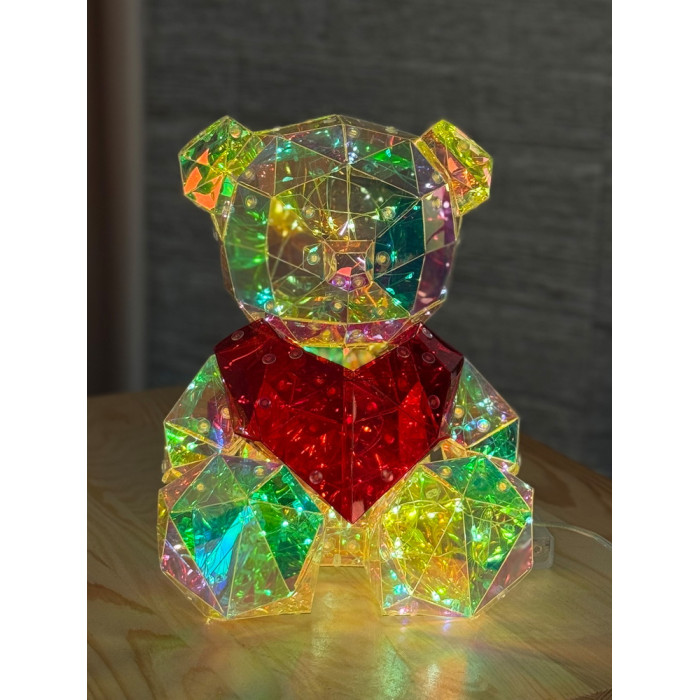 Новорічна прикраса малий Ведмедик з серцем голографічний з LED підсвічуванням