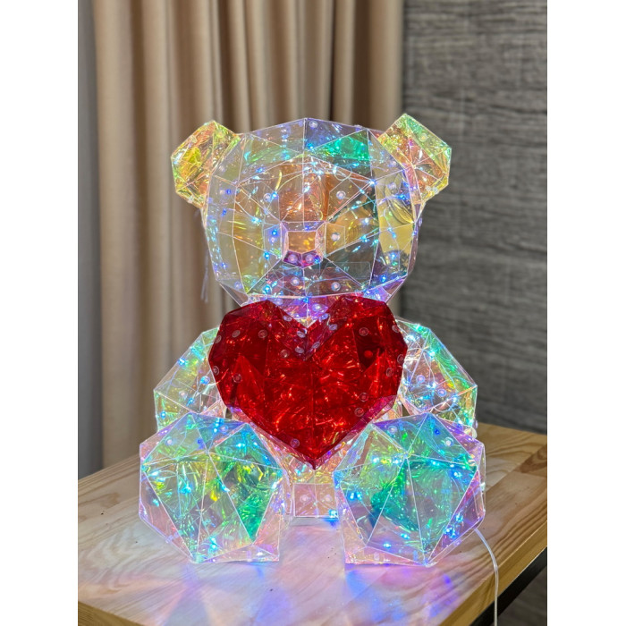 Новорічна прикраса великий Ведмедик з серцем голографічний з LED підсвічуванням
