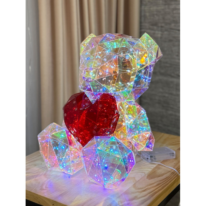 Новорічна прикраса великий Ведмедик з серцем голографічний з LED підсвічуванням