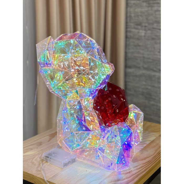 Новорічна прикраса великий Ведмедик з серцем голографічний з LED підсвічуванням