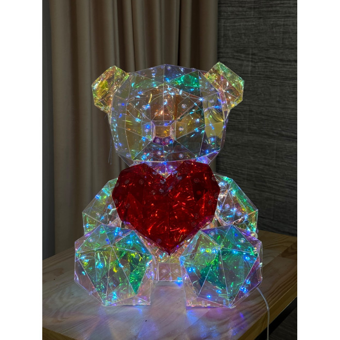 Новорічна прикраса великий Ведмедик з серцем голографічний з LED підсвічуванням