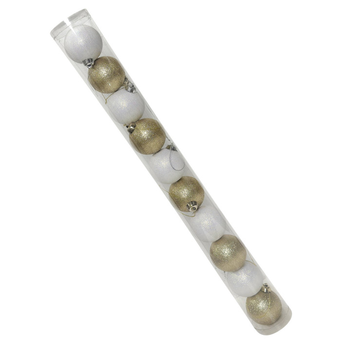 Новорічний набір ялинкових білих та золотих куль 6 см – 10 шт