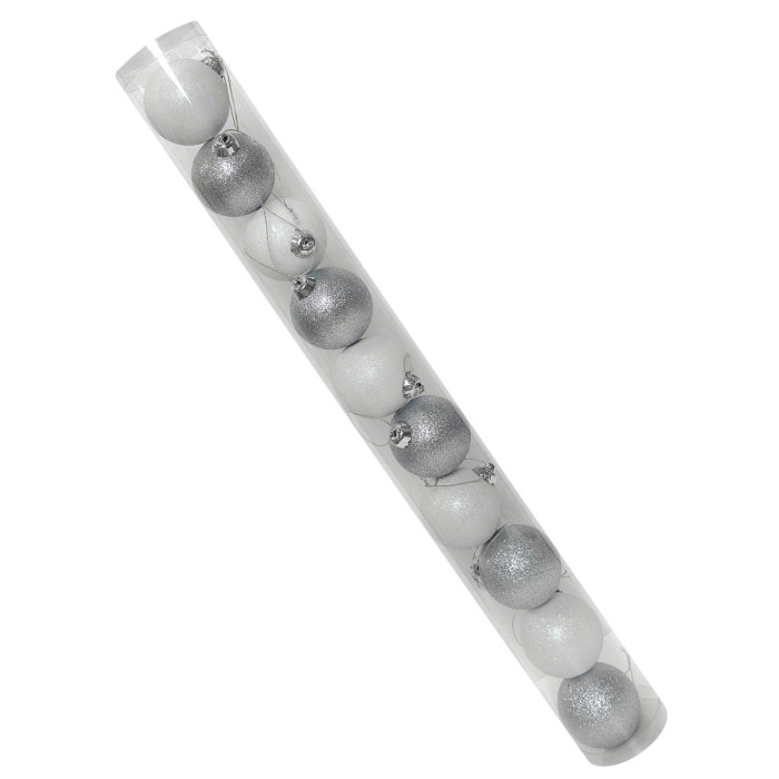 Новорічний набір ялинкових білих та срібних куль 6 см – 10 шт