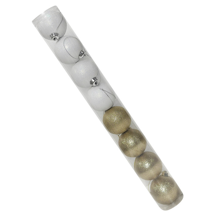 Новорічний набір ялинкових білих та золотих куль 6 см – 8 шт