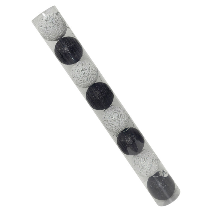 Новорічний набір ялинкових чорних та ажурних білих куль 6 см – 8 шт