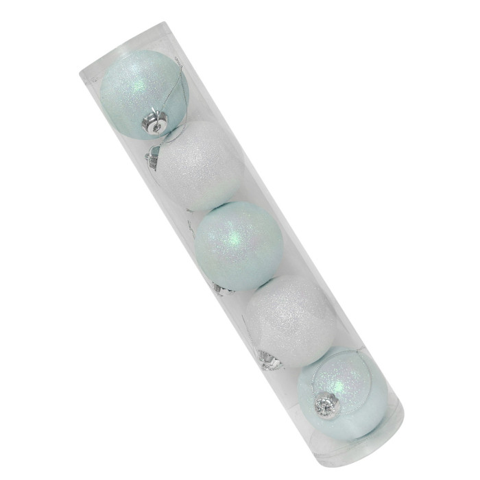 Новорічний набір ялинкових білих та блакитних куль 8 см – 5 шт