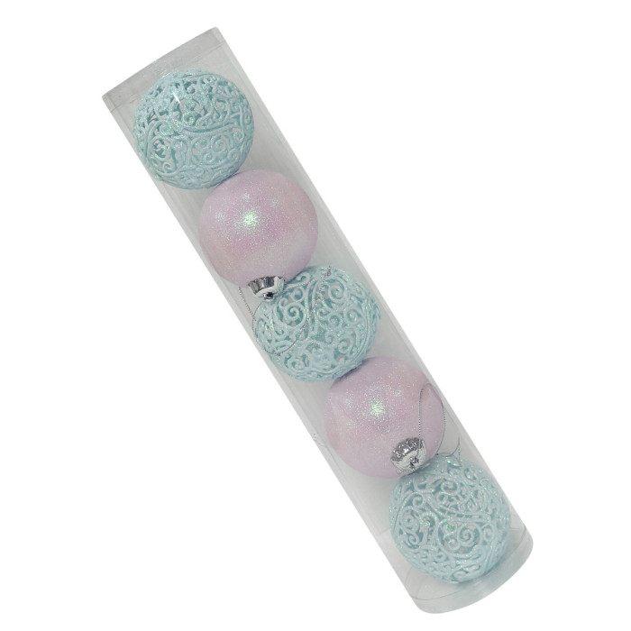 Новогодний набор ёлочных ажурных голубых и розовых шаров 8 см – 5 шт