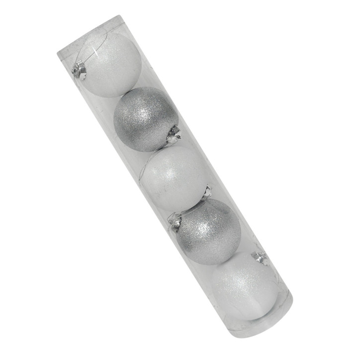 Новорічний набір ялинкових білих та срібних куль 8 см – 5 шт