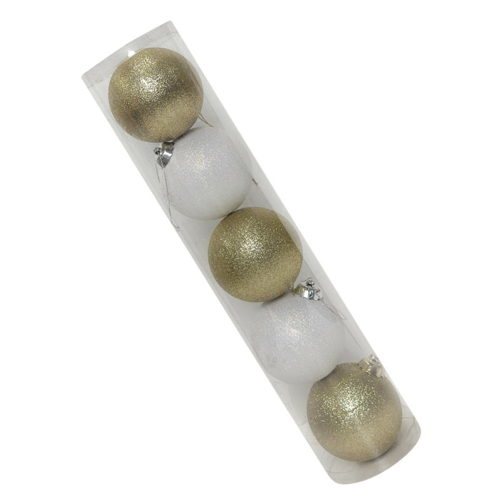 Новогодний набор ёлочных белых и золотых шаров 8 см – 5 шт