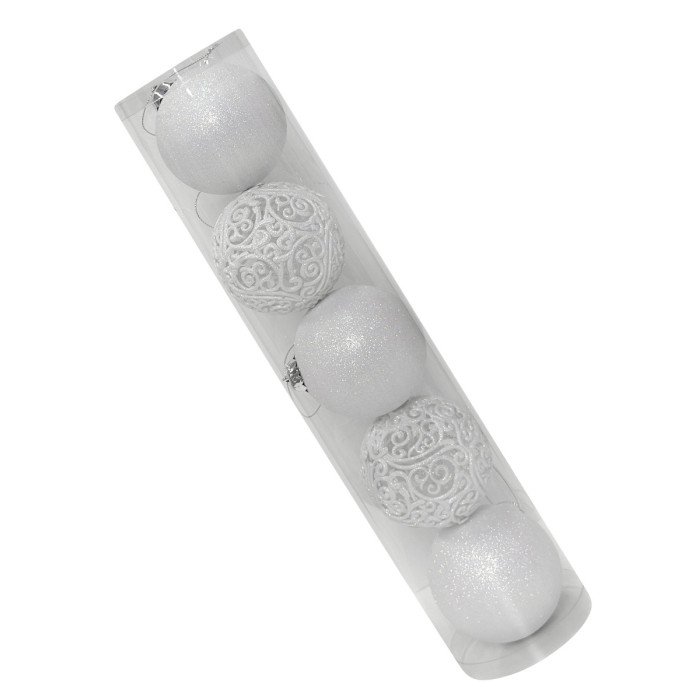 Новогодний набор ёлочных ажурных белых и белых шаров 8 см – 5 шт