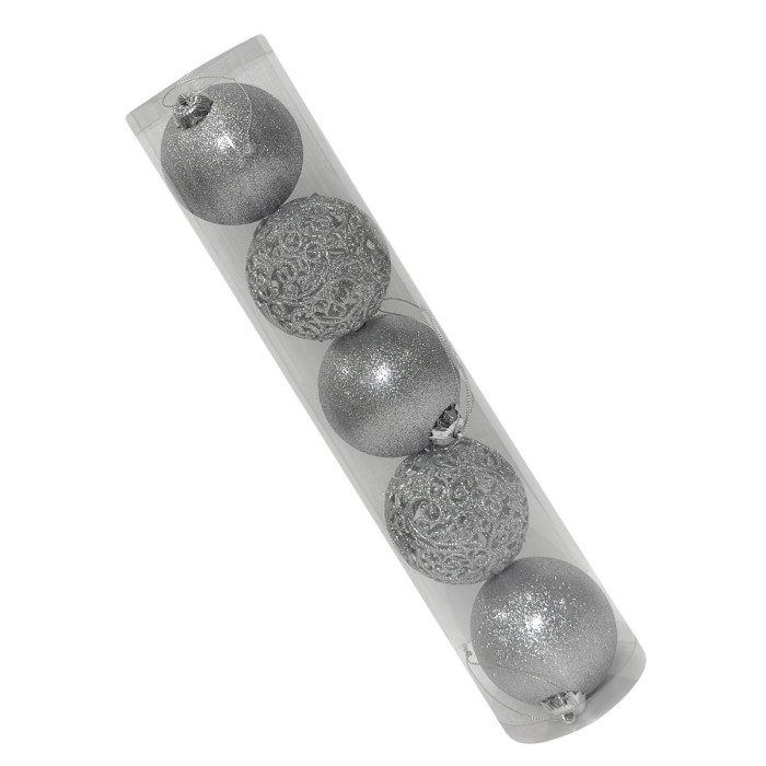 Новорічний набір ялинкових ажурних срібних та срібних куль 8 см – 5 шт