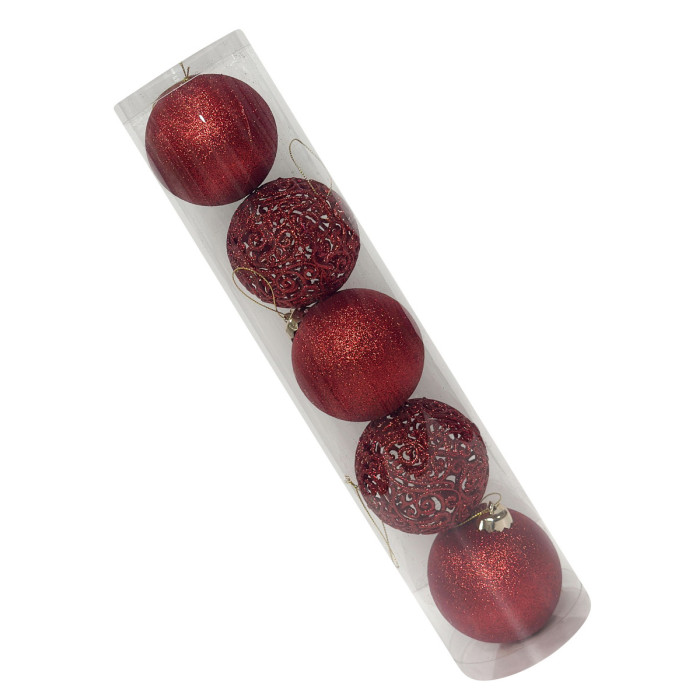 Новорічний набір ялинкових ажурних червоних та червоних куль 8 см – 5 шт