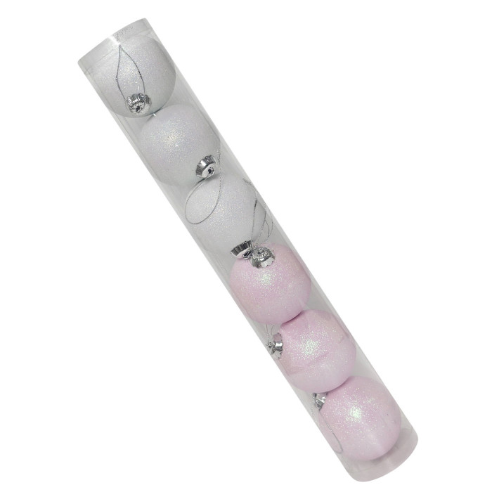 Новогодний набор ёлочных белых и розовых шаров 8 см – 6 шт