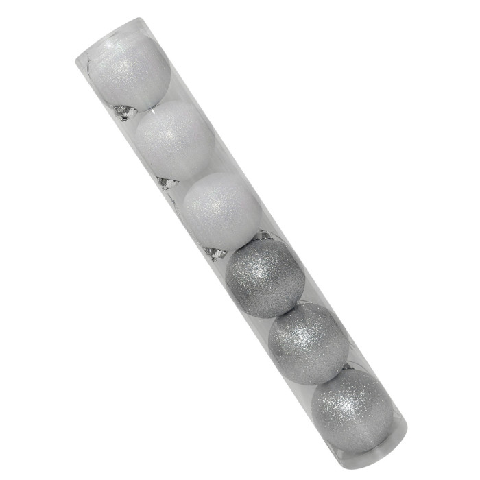 Новорічний набір ялинкових білих та срібних куль 8 см – 6 шт