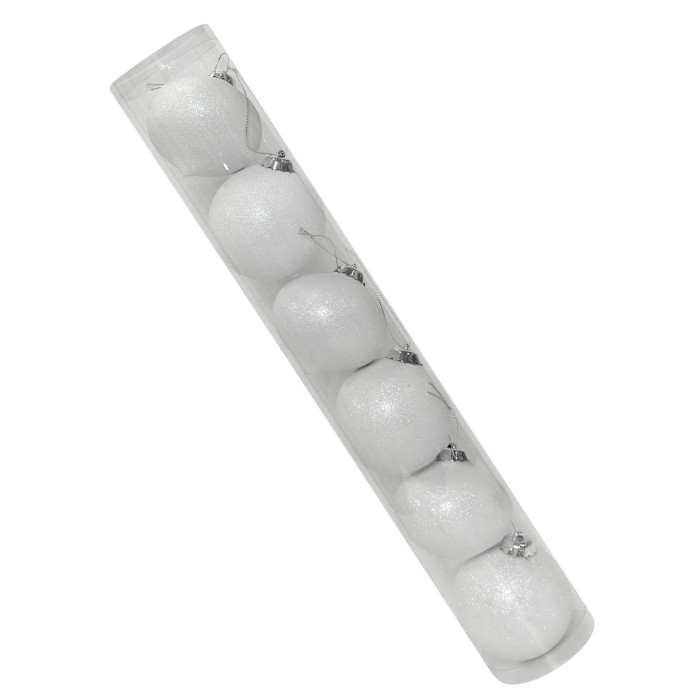 Новогодний набор ёлочных белых волчков и белых шаров 8 см – 6 шт