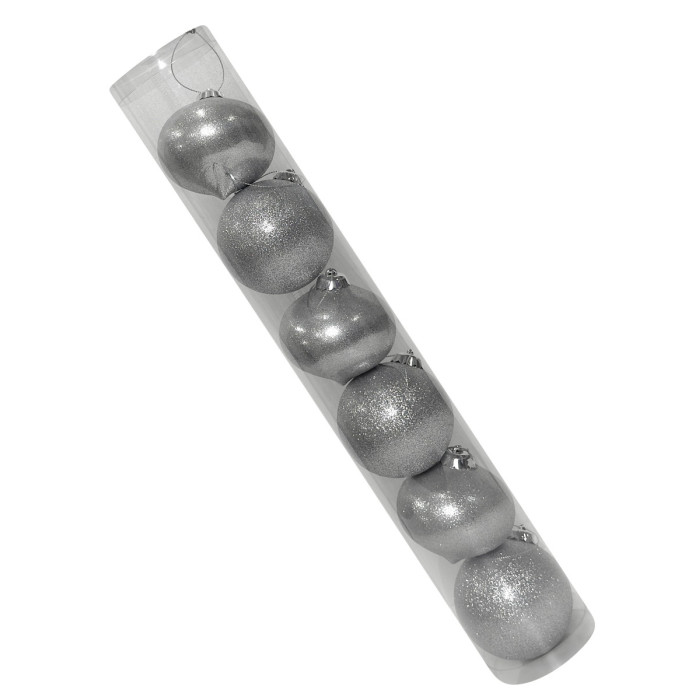 Новогодний набор ёлочных серебряных волчков и серебряных шаров 8 см – 6 шт