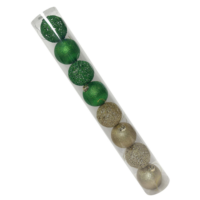 Новогодний набор ёлочных ажурных золотых, золотых, ажурных зелёных и зелёных шаров 8 см – 8 шт