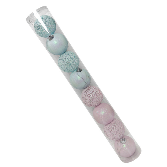 Новогодний набор ёлочных ажурных голубых, голубых, ажурных розовых и розовых шаров 8 см – 8 шт