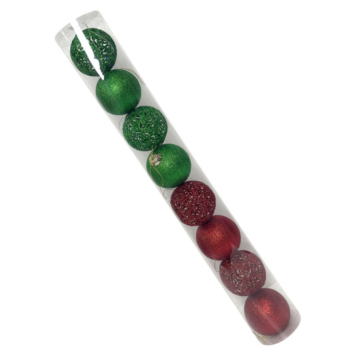 Новогодний набор ёлочных ажурных красных, красных, ажурных зелёных и зелёных шаров 8 см – 8 шт