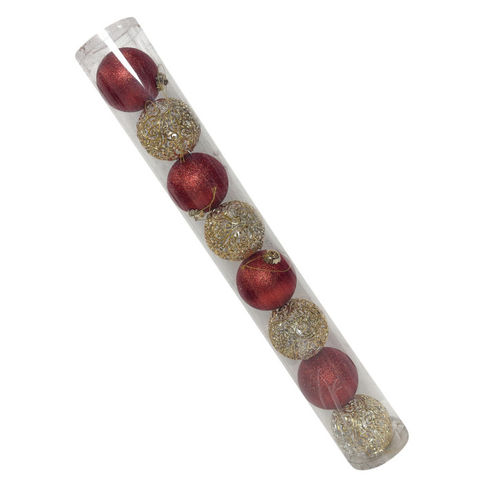 Новорічний набір ялинкових ажурних золото блиск та червоних куль 8 см – 8 шт