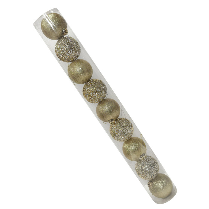 Новорічний набір ялинкових ажурних золото блиск та золотих куль 8 см – 9 шт