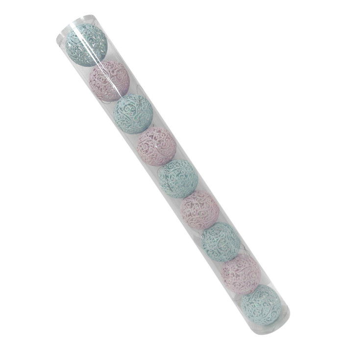 Новогодний набор ёлочных ажурных голубых и розовых шаров 8 см – 9 шт