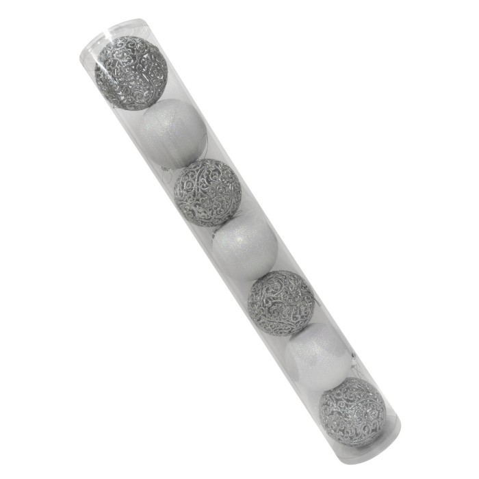 Новорічний набір ялинкових срібних ажурних куль та білих куль 10 см – 7 шт