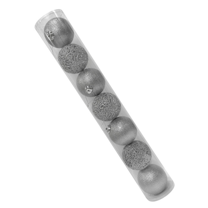 Новорічний набір ялинкових срібних ажурних куль та срібних куль 10 см – 7 шт