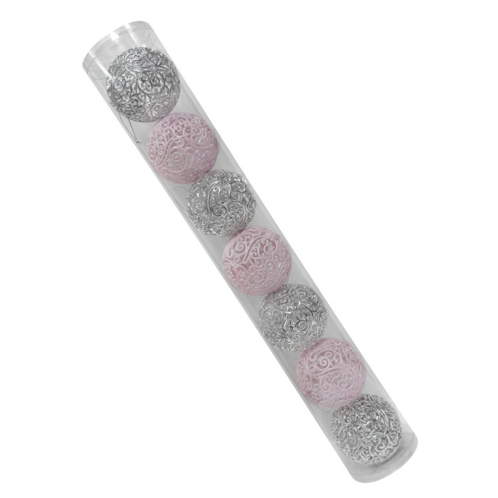 Новорічний набір ялинкових срібний блиск ажурних куль та рожевих ажурних куль 10 см – 7 шт