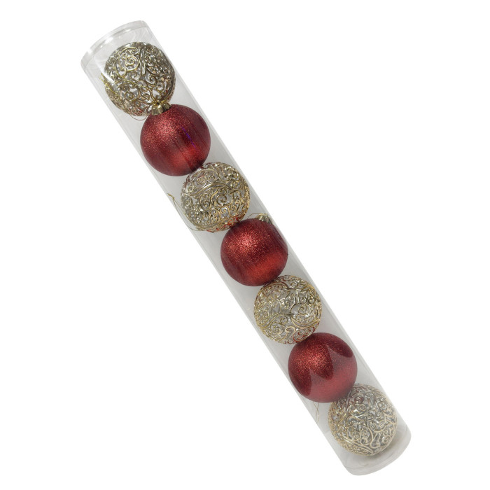 Новорічний набір ялинкових золотий блиск ажурних куль та червоних куль 10 см – 7 шт