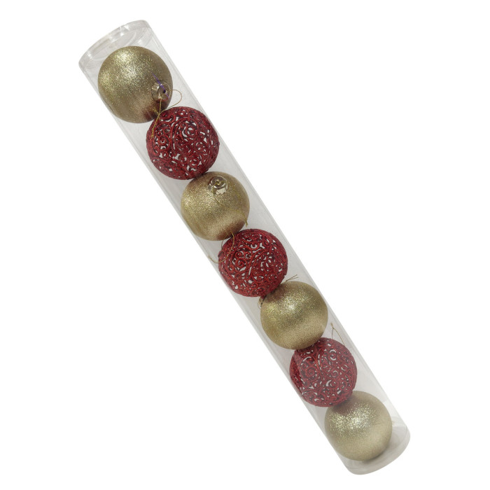 Новорічний набір ялинкових золотих куль та червоних ажурних куль 10 см – 7 шт