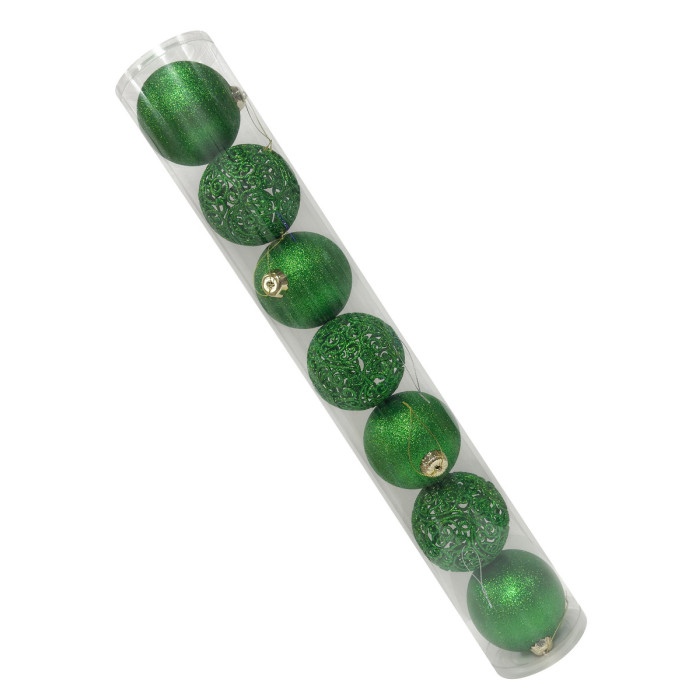 Новорічний набір ялинкових зелених куль та зелених ажурних куль 10 см – 7 шт